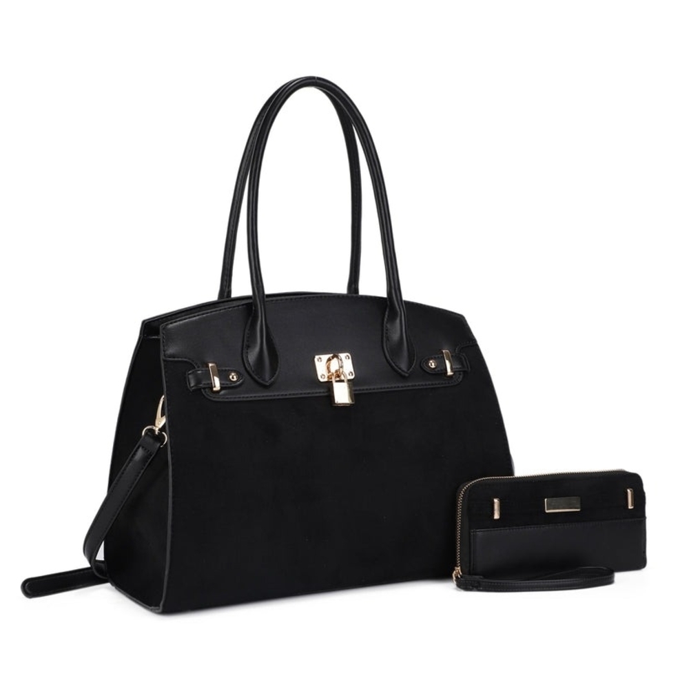 Uma Black Suede Women's Tote Handbag with Matching Wallet